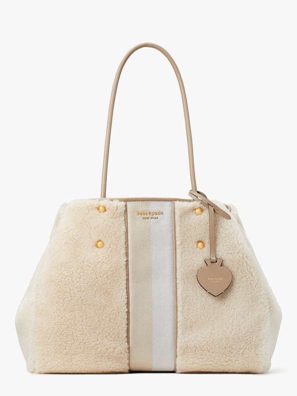 Kate Spade Everything Racing Stripe Faux Shearling Large Women's Tote Bags Cream | 12789-NJMK