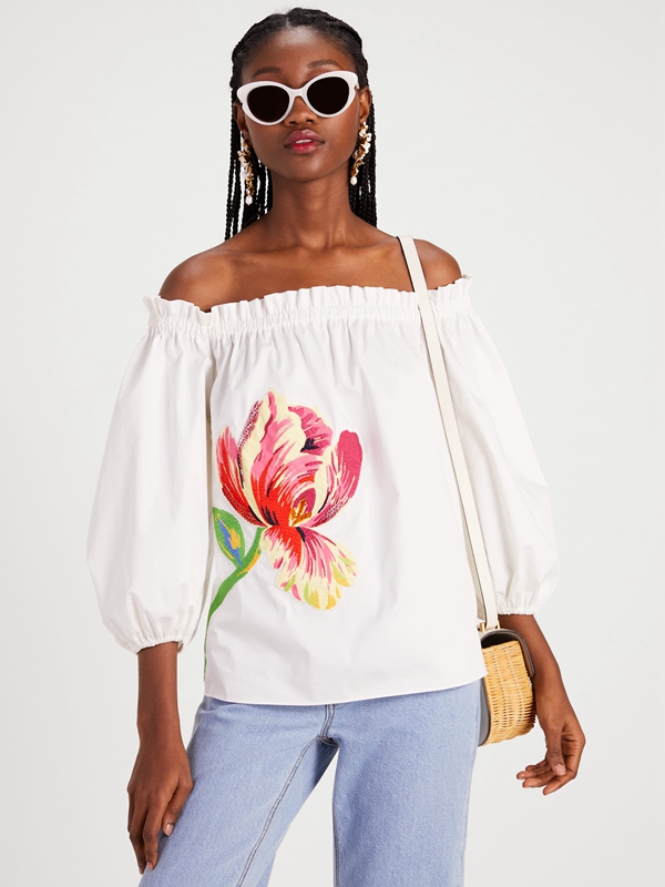 Kate Spade Off-The-Shoulder Floral Embellished Women's Tops Cream | 64385-AUXG