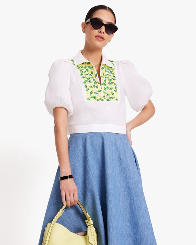 Kate Spade Embroidered Lemons Puff Sleeve Women's Tops White | 52934-BQCL