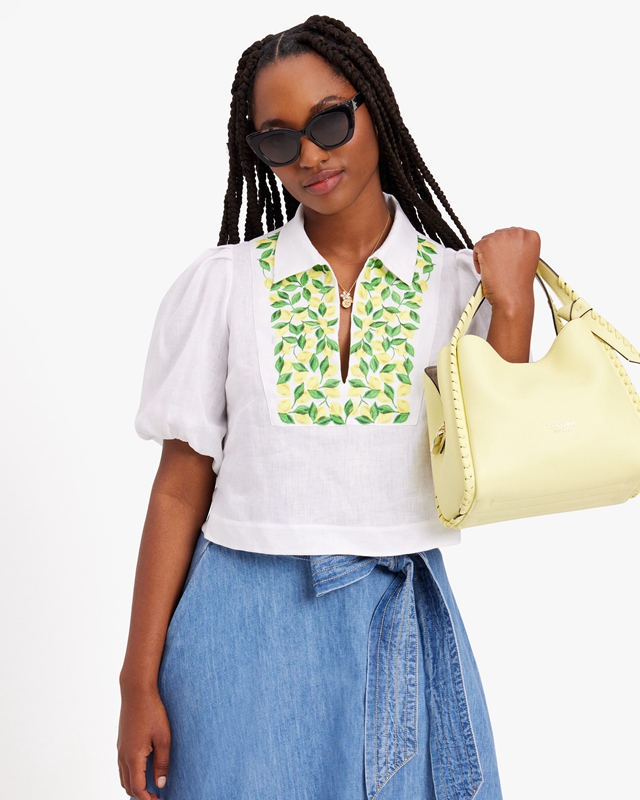 Kate Spade Embroidered Lemons Puff Sleeve Women's Tops White | 52934-BQCL