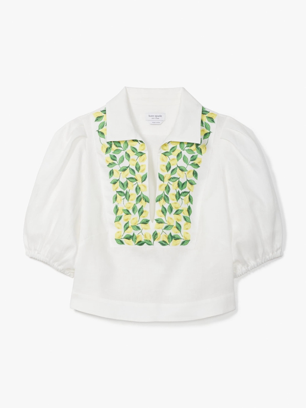 Kate Spade Embroidered Lemons Puff Sleeve Women's Tops White | 52934-BQCL