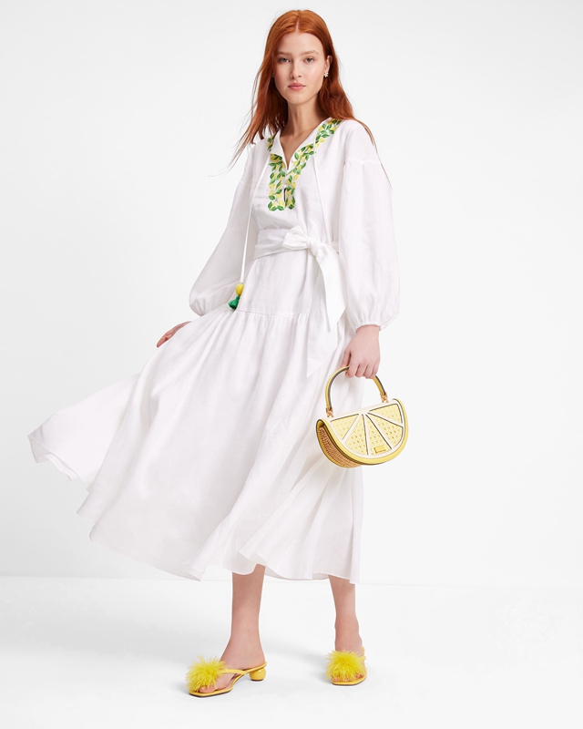 Kate Spade Embroidered Lemons Tie-Waist Women's Dress White | 52378-QBLH