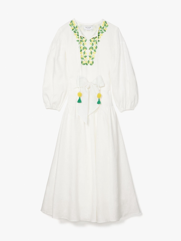 Kate Spade Embroidered Lemons Tie-Waist Women's Dress White | 52378-QBLH