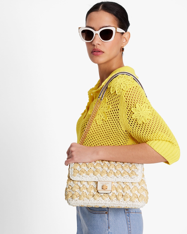 Kate Spade Evelyn Striped Crochet Raffia Medium Convertible Women's Shoulder Bags Yellow | 40918-FQCM