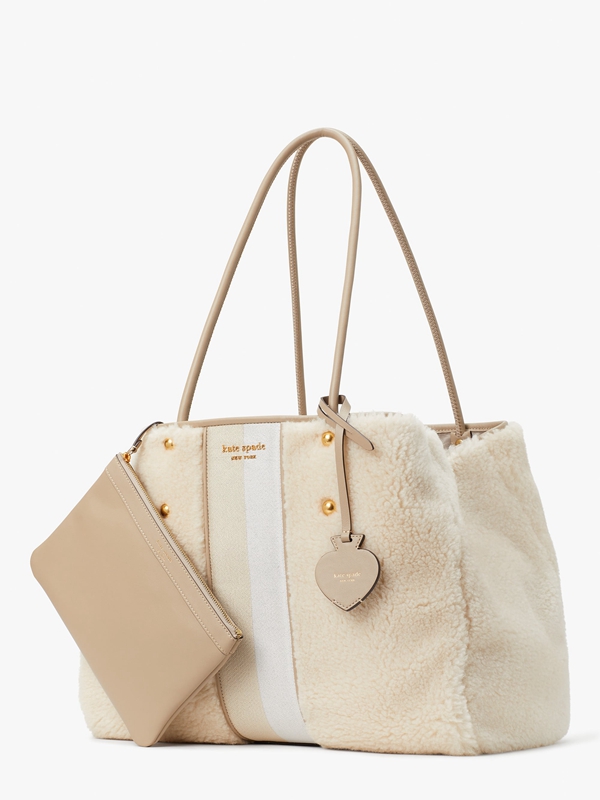 Kate Spade Everything Racing Stripe Faux Shearling Large Women's Tote Bags Cream | 12789-NJMK