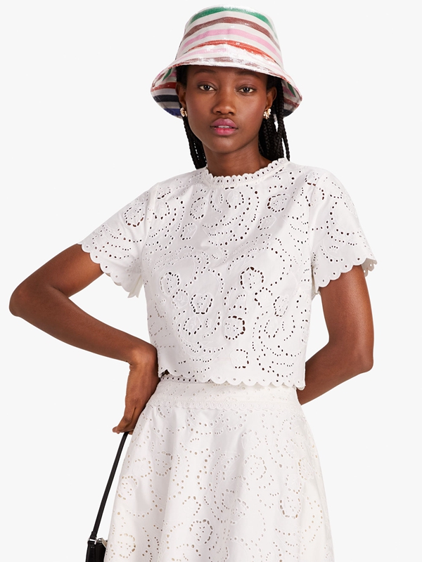 Kate Spade Floral Embroidered Cutwork Women\'s Tops Cream | 31064-ZIHS