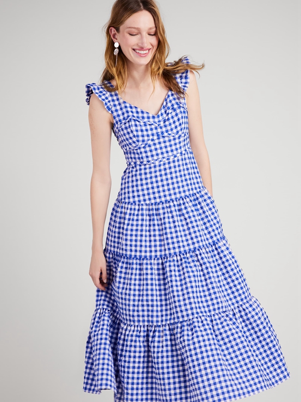 Kate Spade Gingham Tiered Women's Dress Blue | 91568-AKNI