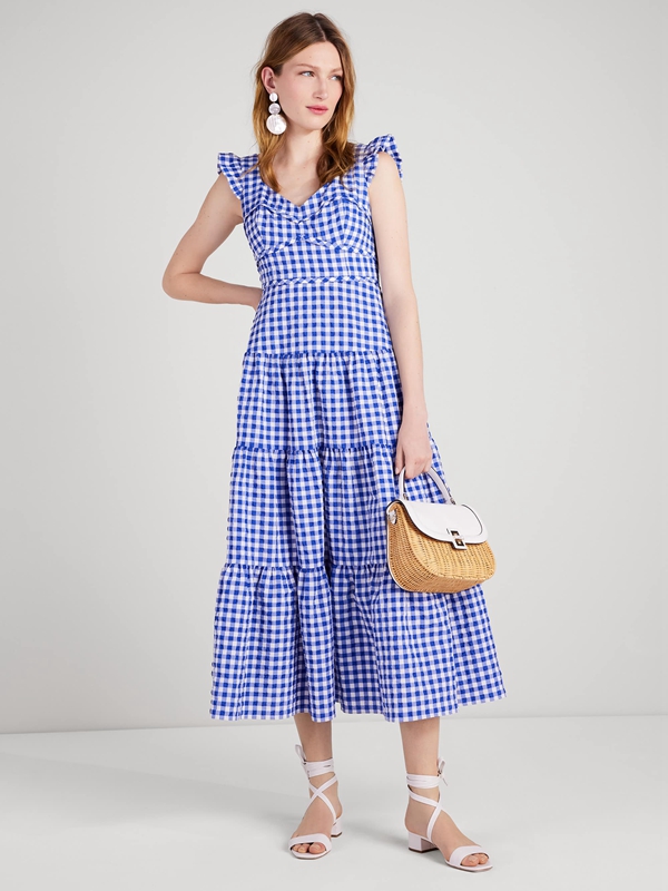 Kate Spade Gingham Tiered Women's Dress Blue | 91568-AKNI