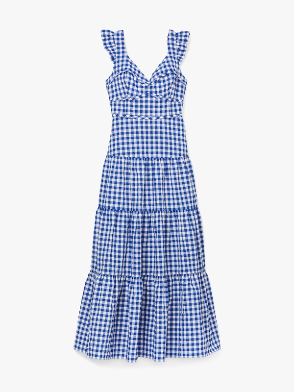 Kate Spade Gingham Tiered Women's Dress Blue | 91568-AKNI