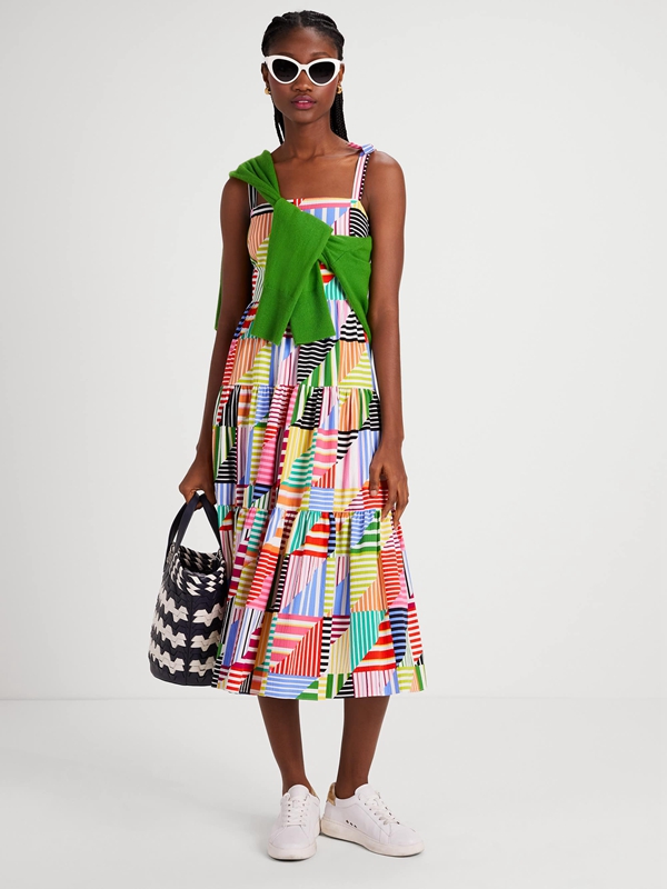 Kate Spade Patchwork Stripe Tiered Women\'s Dress Multicolor | 58403-NFCT