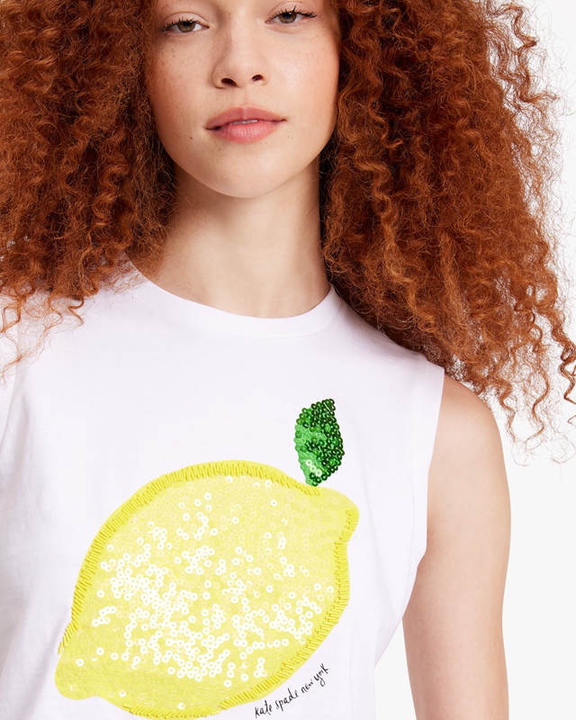 Kate Spade Sequin Embellished Lemon Women's Tops White | 35829-MRQO