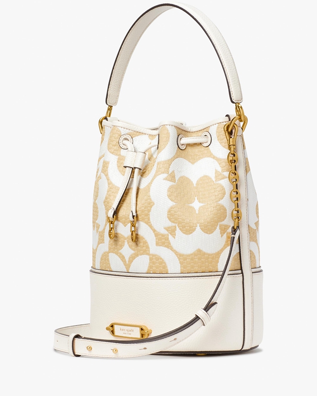 Kate Spade Spade Flower Monogram Raffia Gramercy Medium Women's Bucket Bags Cream | 87641-ALHG